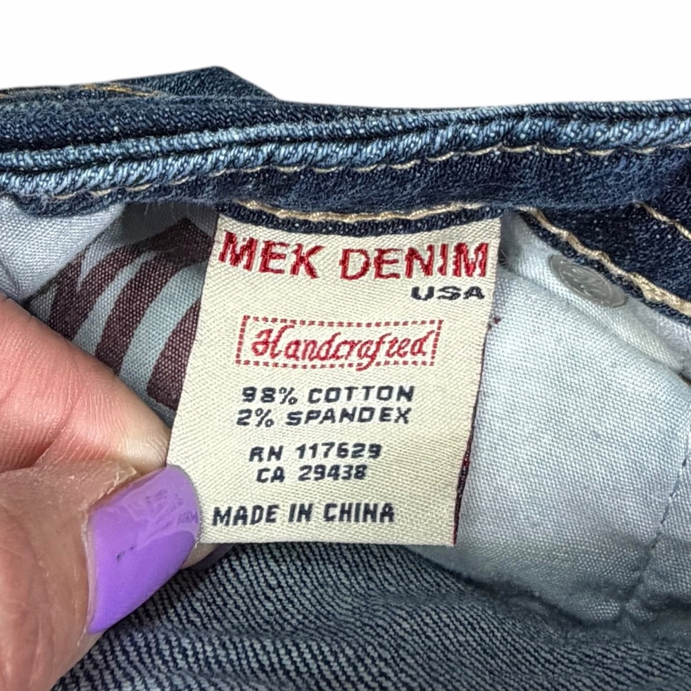 MEK Denim Dark Wash Low Rise Paint Splatter Quebec Boot Cut Jeans - Size 25/34 - Picture 10 of 15